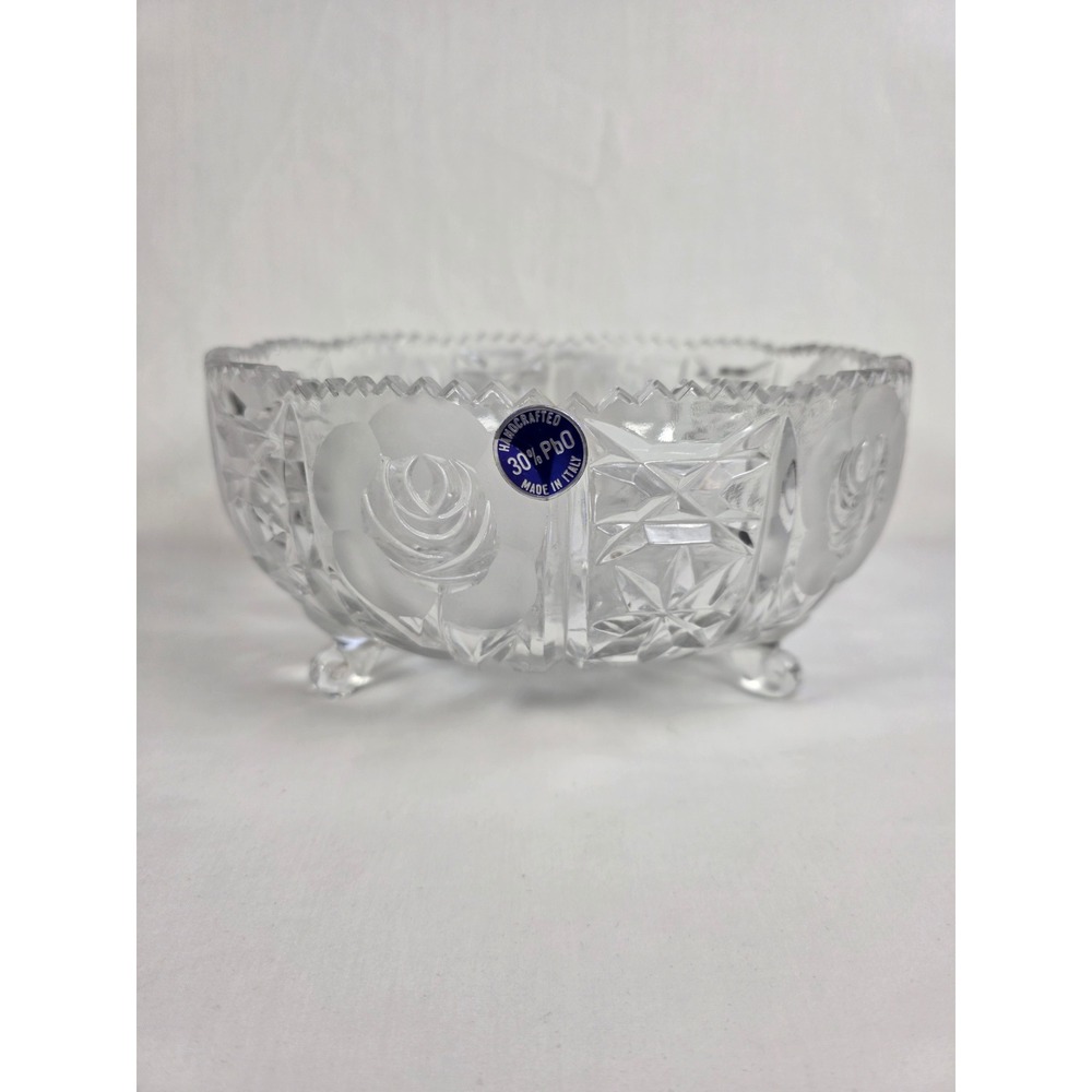 Handcrafted Italian Crystal Bowl 30% PbO Lead Glass Floral Footed Sawtooth‎ Rim